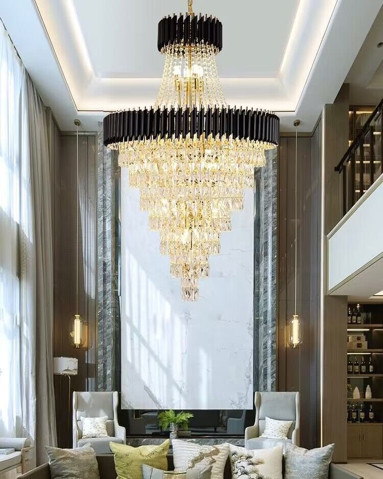 Extra Large Modern Multi-layers Gold/Black Light Luxury Crystal Chandelier For 2-Story Living Room,Foyer - Zelno Lighting