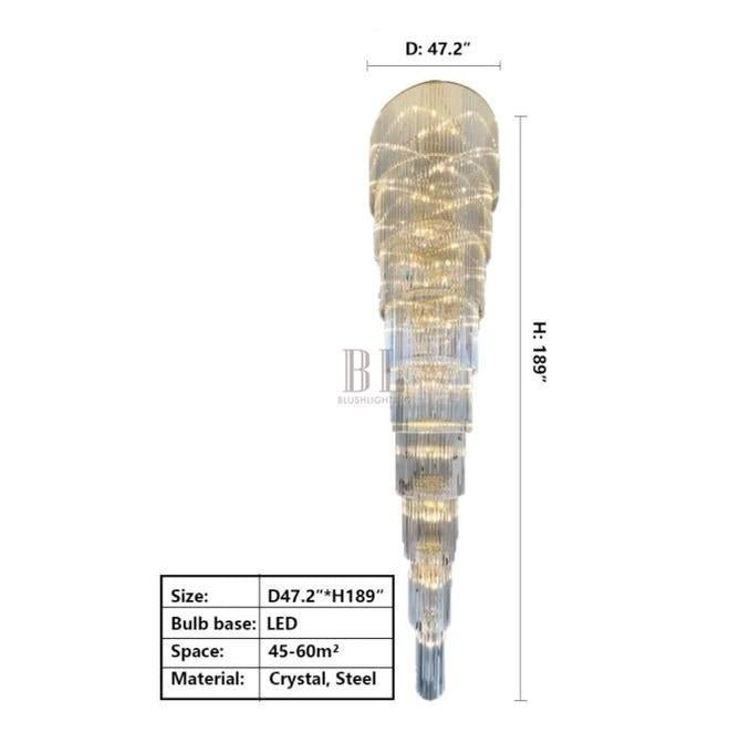 Extra Large Multi-layers Long Golden Crystal Chandelier for 2-Storey/Duplex Buildings/Dining Room/Staircase - Zelno Lighting