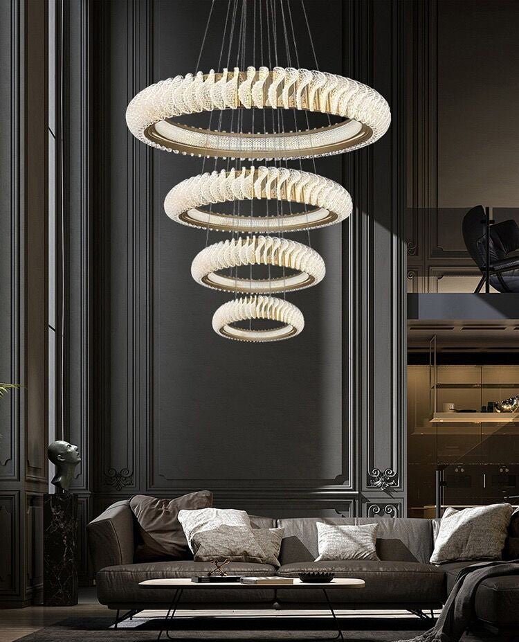 Extra Large Multi-layers Rings Crystal Chandelier Modern Art Waves Creative Pendant Light For High-ciling Foyer/Hallway/Staircase - Zelno Lighting
