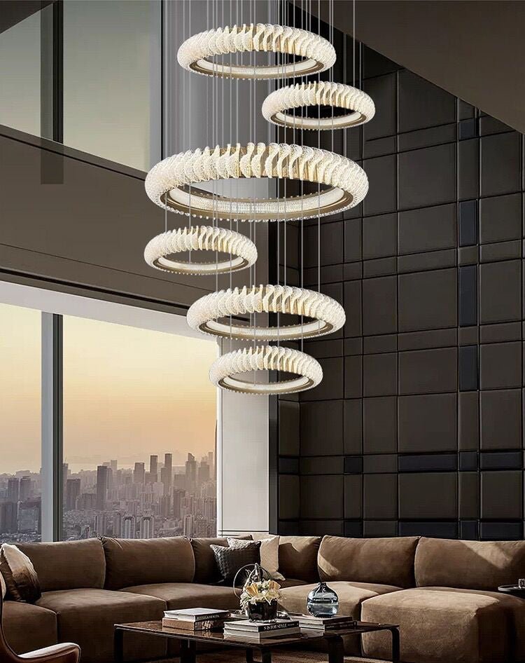 Extra Large Multi-layers Rings Crystal Chandelier Modern Art Waves Creative Pendant Light For High-ciling Foyer/Hallway/Staircase - Zelno Lighting