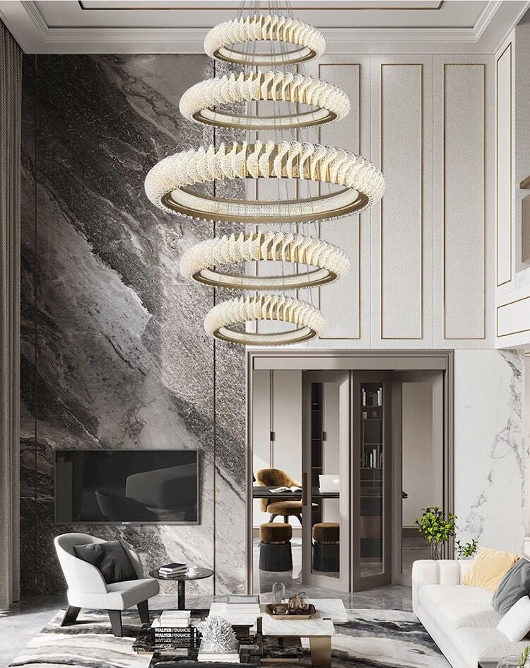 Extra Large Multi-layers Rings Crystal Chandelier Modern Art Waves Creative Pendant Light For High-ciling Foyer/Hallway/Staircase - Zelno Lighting