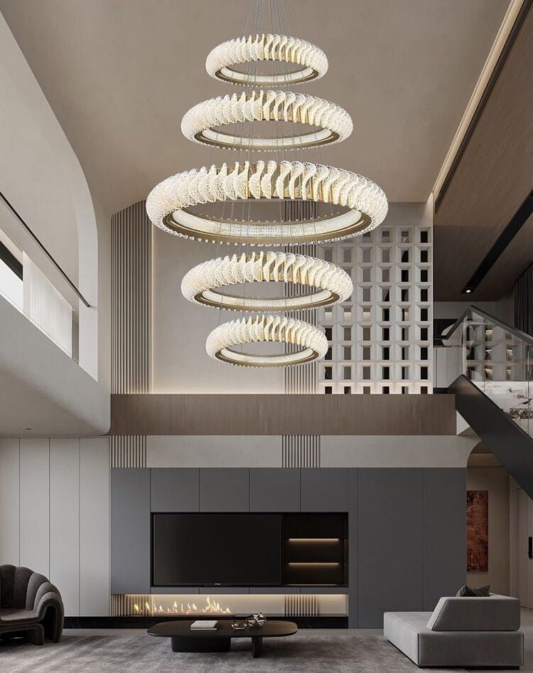 Extra Large Multi-layers Rings Crystal Chandelier Modern Art Waves Creative Pendant Light For High-ciling Foyer/Hallway/Staircase - Zelno Lighting