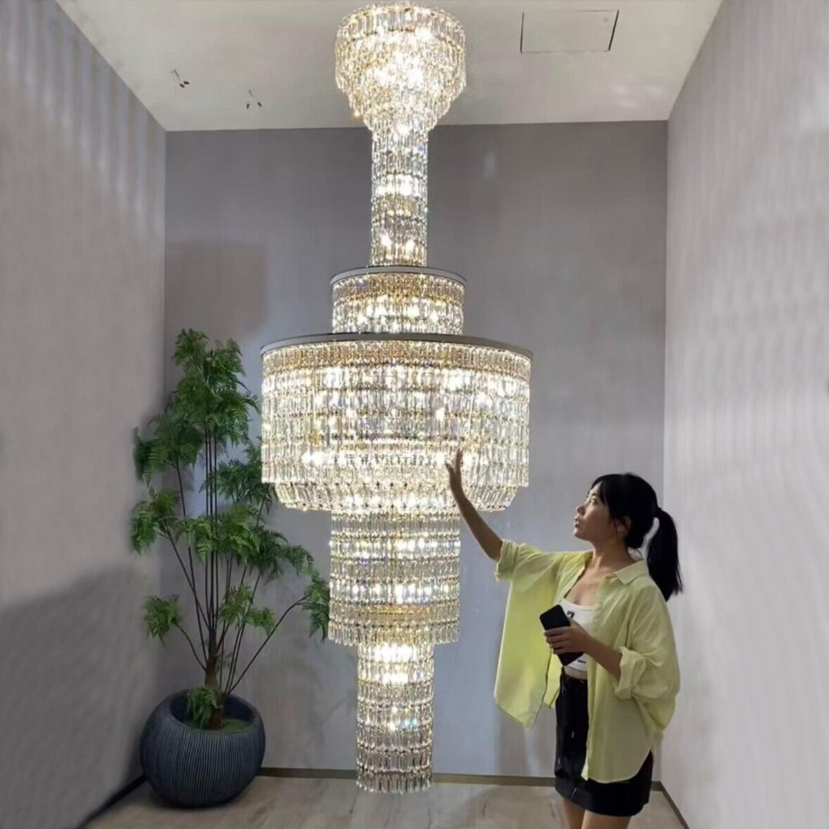 Extra Large Muti-tiered Round Crystal Chandelier with White Leather for High-ceiling - Zelno Lighting