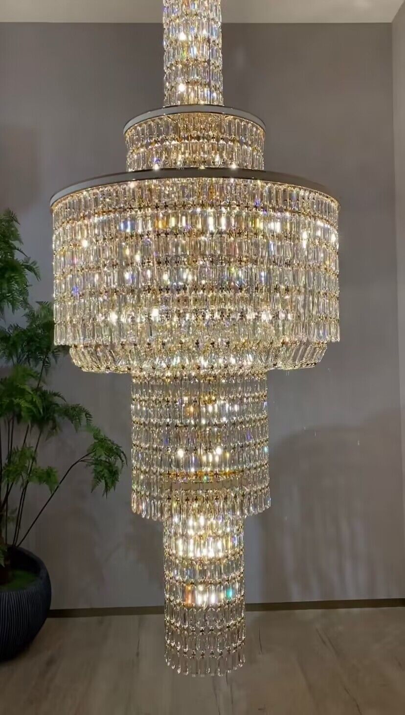 Extra Large Muti-tiered Round Crystal Chandelier with White Leather for High-ceiling - Zelno Lighting