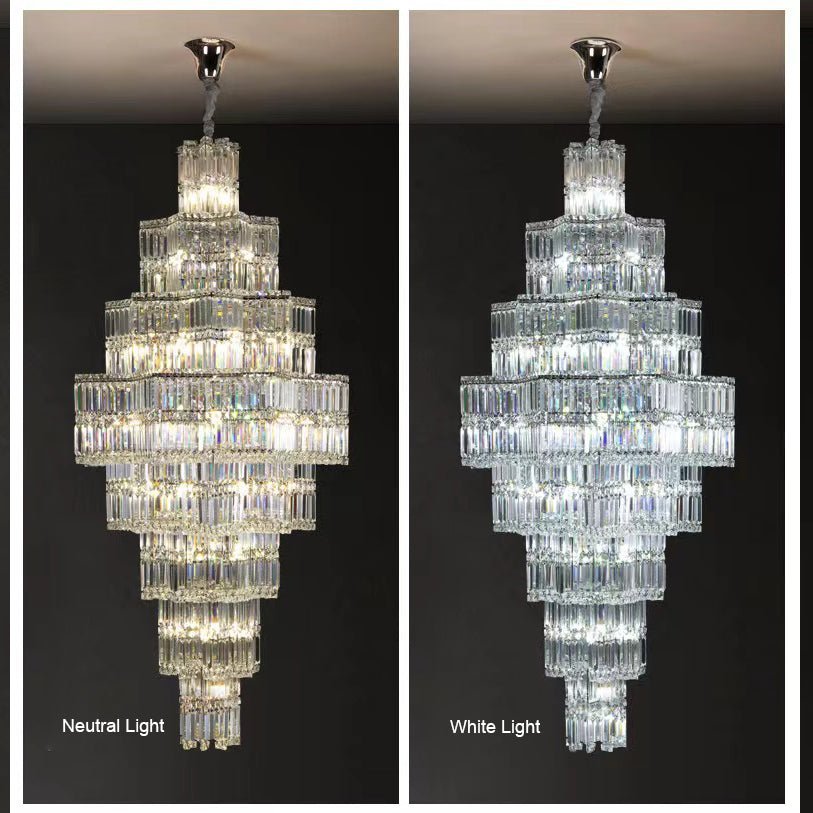 Extra Large Plaza Hall Multi-Tier Crystal Chandelier Foyer Living Room Staircase Ceiling Lighting Fixture In Chrome/ Silver Finish - Zelno Lighting