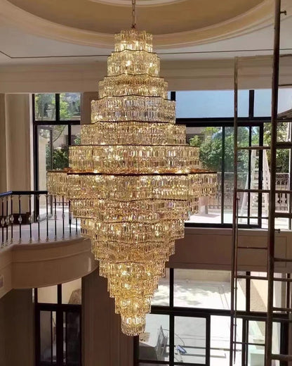 Extra Large Plaza Hall Multi-Tier Crystal Chandelier Foyer Living Room Staircase Ceiling Lighting Fixture In Chrome/ Silver Finish - Zelno Lighting