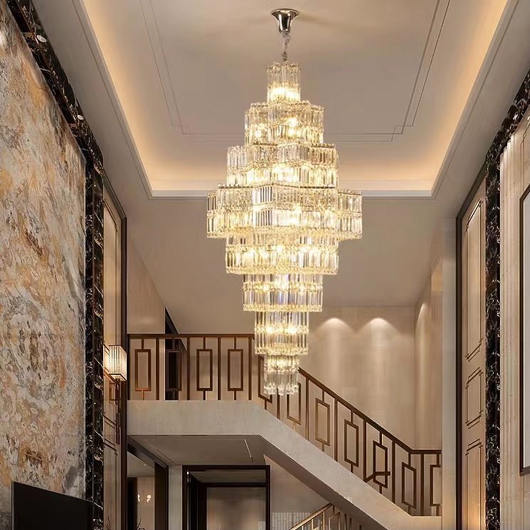 Extra Large Plaza Hall Multi-Tier Crystal Chandelier Foyer Living Room Staircase Ceiling Lighting Fixture In Chrome/ Silver Finish - Zelno Lighting