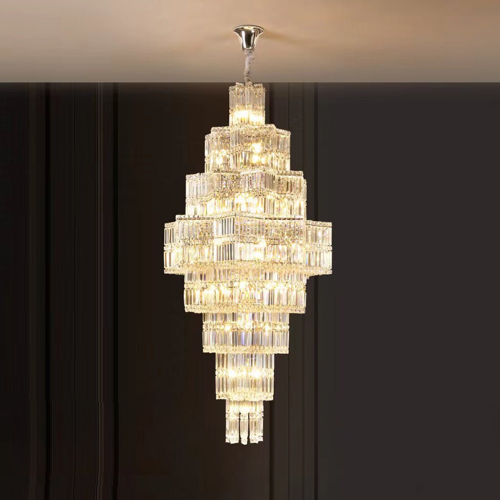 Extra Large Plaza Hall Multi-Tier Crystal Chandelier Foyer Living Room Staircase Ceiling Lighting Fixture In Chrome/ Silver Finish - Zelno Lighting