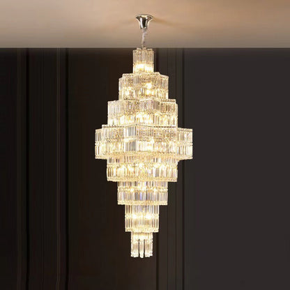 Extra Large Plaza Hall Multi-Tier Crystal Chandelier Foyer Living Room Staircase Ceiling Lighting Fixture In Chrome/ Silver Finish - Zelno Lighting