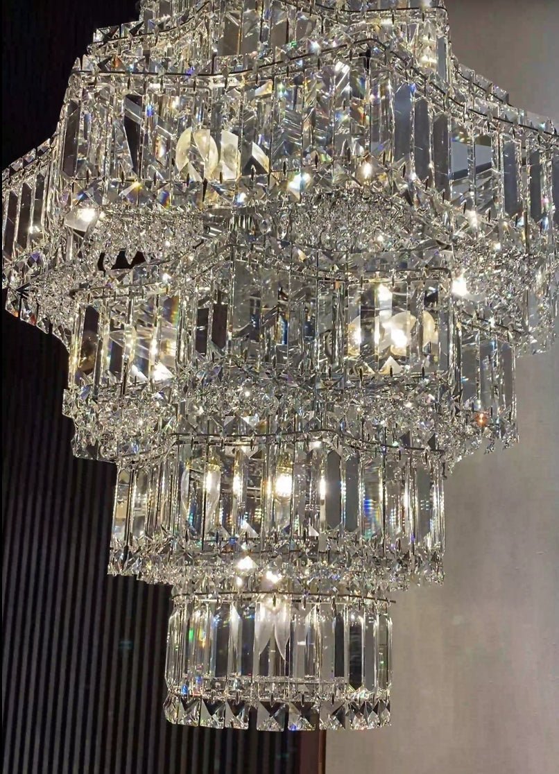 Extra Large Plaza Hall Multi-Tier Crystal Chandelier Foyer Living Room Staircase Ceiling Lighting Fixture In Chrome/ Silver Finish - Zelno Lighting