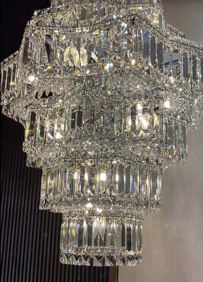 Extra Large Plaza Hall Multi-Tier Crystal Chandelier Foyer Living Room Staircase Ceiling Lighting Fixture In Chrome/ Silver Finish - Zelno Lighting