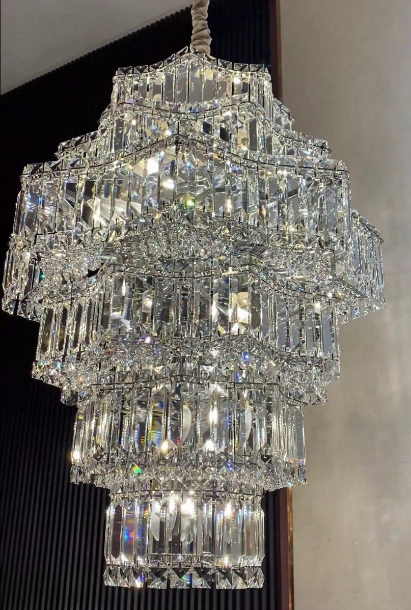 Extra Large Plaza Hall Multi-Tier Crystal Chandelier Foyer Living Room Staircase Ceiling Lighting Fixture In Chrome/ Silver Finish - Zelno Lighting