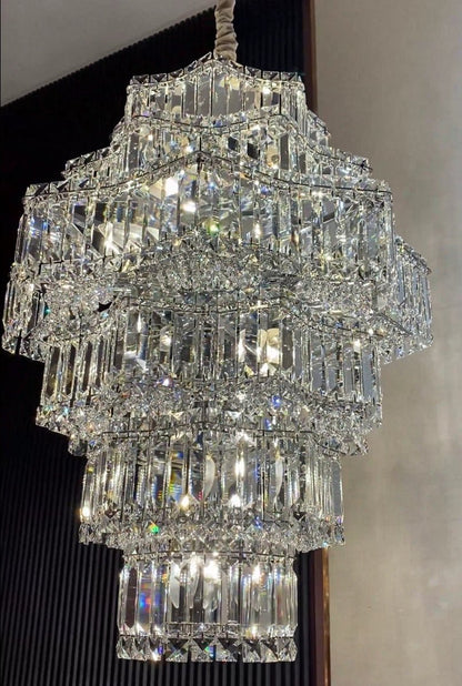 Extra Large Plaza Hall Multi-Tier Crystal Chandelier Foyer Living Room Staircase Ceiling Lighting Fixture In Chrome/ Silver Finish - Zelno Lighting