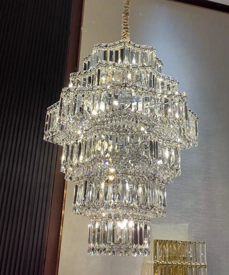 Extra Large Plaza Hall Multi-Tier Crystal Chandelier Foyer Living Room Staircase Ceiling Lighting Fixture In Chrome/ Silver Finish - Zelno Lighting