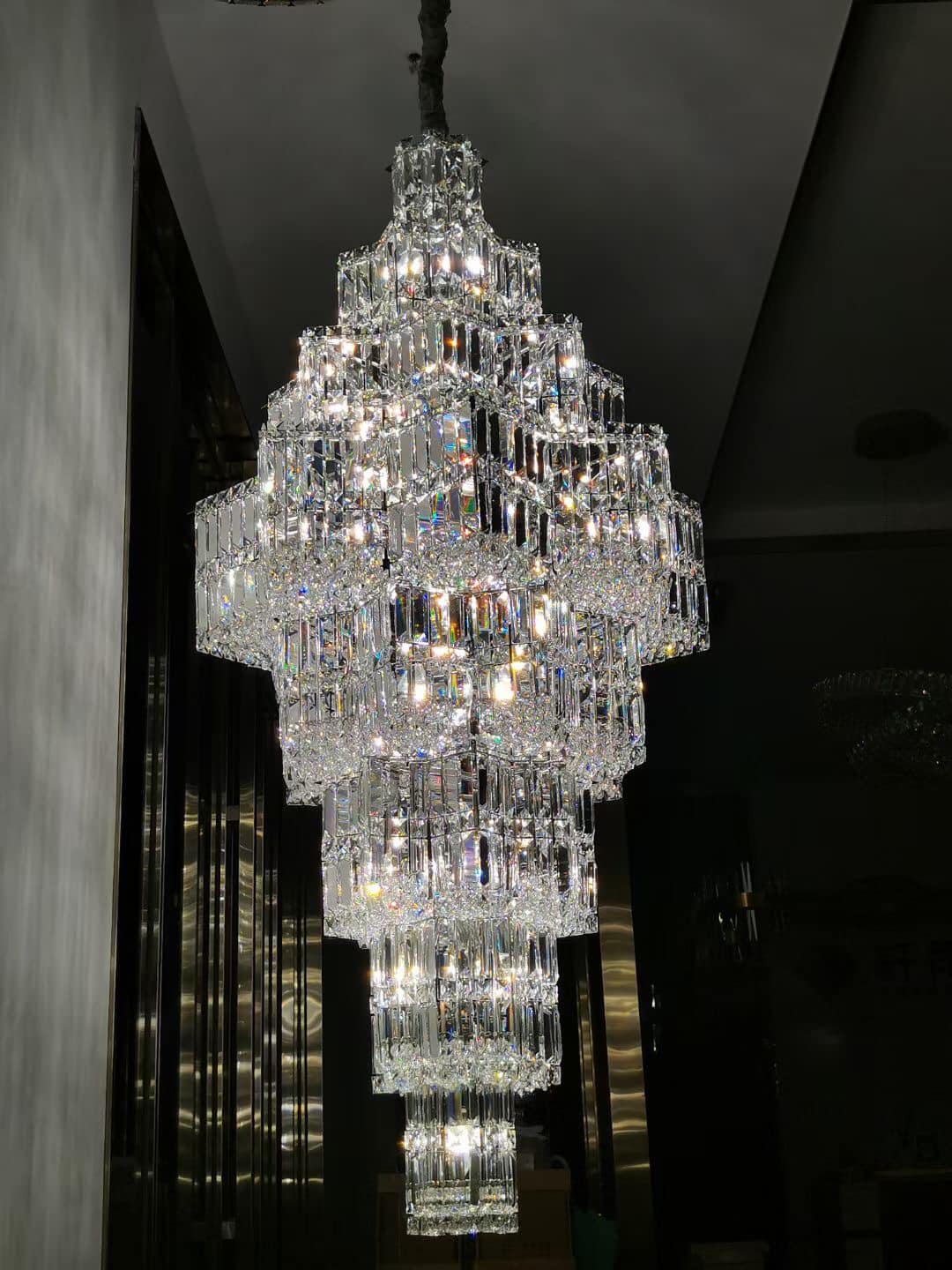 Extra Large Plaza Hall Multi-Tier Crystal Chandelier Foyer Living Room Staircase Ceiling Lighting Fixture In Chrome/ Silver Finish - Zelno Lighting