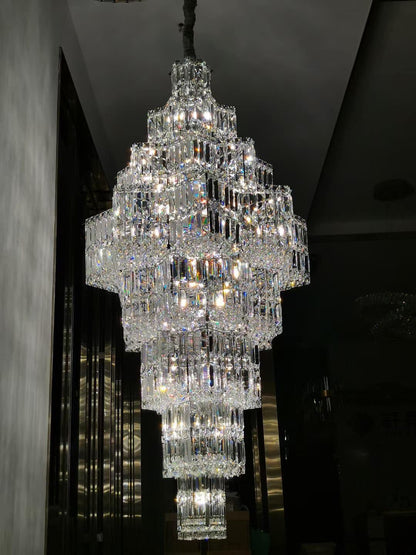 Extra Large Plaza Hall Multi-Tier Crystal Chandelier Foyer Living Room Staircase Ceiling Lighting Fixture In Chrome/ Silver Finish - Zelno Lighting