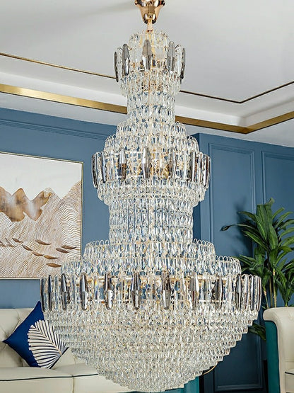 Extra Large Round Crystal Chandelier Luxury Foyer High Ceiling Light Fixture For Living Room/ Hotel Hall Entrance - Zelno Lighting