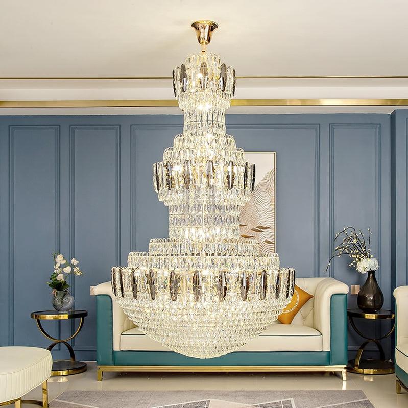 Extra Large Round Crystal Chandelier Luxury Foyer High Ceiling Light Fixture For Living Room/ Hotel Hall Entrance - Zelno Lighting
