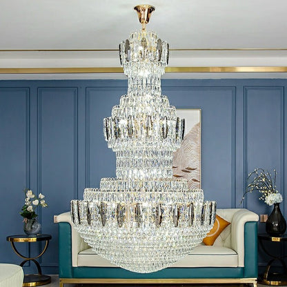 Extra Large Round Crystal Chandelier Luxury Foyer High Ceiling Light Fixture For Living Room/ Hotel Hall Entrance - Zelno Lighting