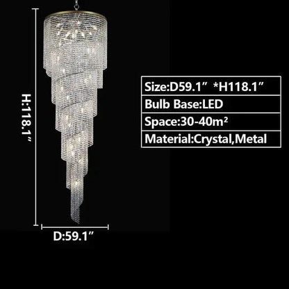 Extra Large Spiral Tiered Long Crystal Chandelier Luxury Crystal Tassel Light Fixture For Staircase/Entryway - Zelno Lighting