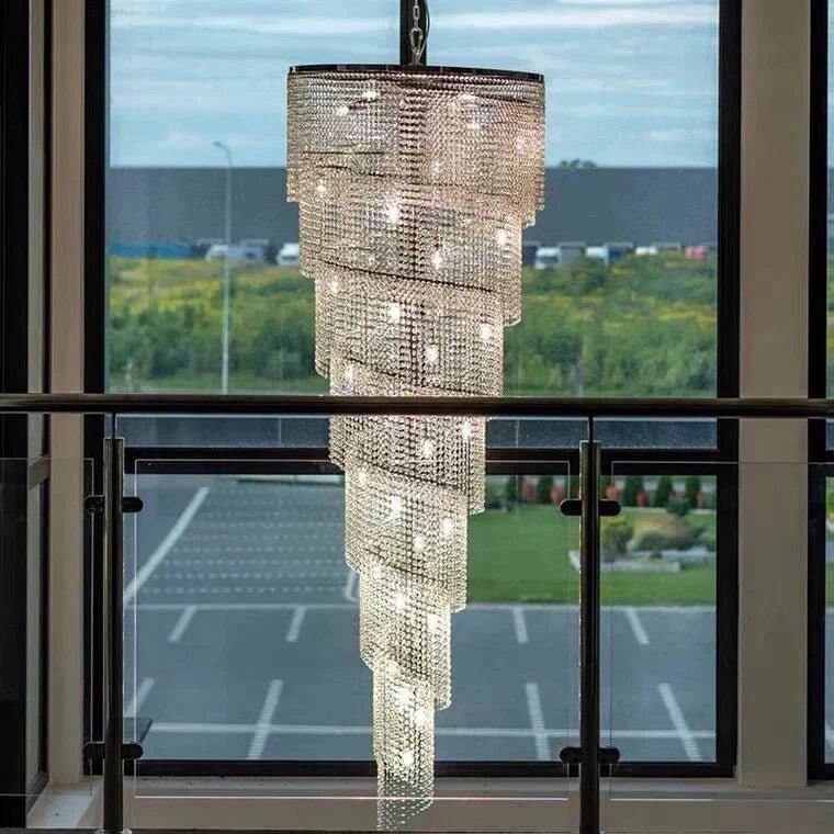 Extra Large Spiral Tiered Long Crystal Chandelier Luxury Crystal Tassel Light Fixture For Staircase/Entryway - Zelno Lighting