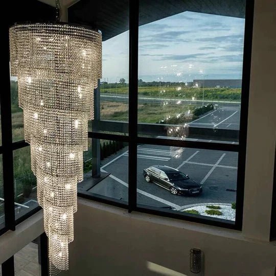 Extra Large Spiral Tiered Long Crystal Chandelier Luxury Crystal Tassel Light Fixture For Staircase/Entryway - Zelno Lighting
