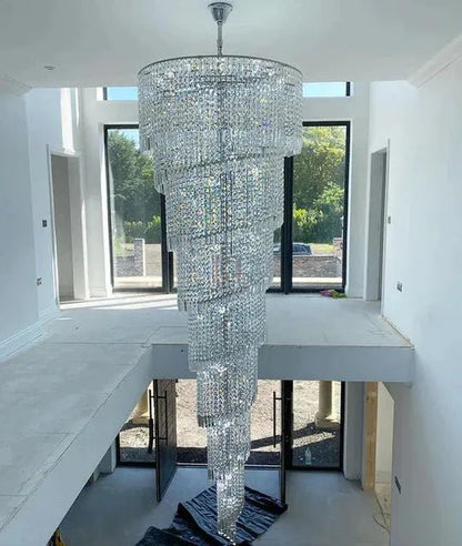 Extra Large Spiral Tiered Long Crystal Chandelier Luxury Crystal Tassel Light Fixture For Staircase/Entryway - Zelno Lighting