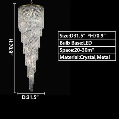 Extra Large Spiral Tiered Long Crystal Chandelier Luxury Crystal Tassel Light Fixture For Staircase/Entryway - Zelno Lighting