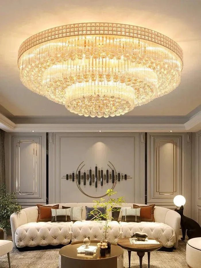 Extra Large Three Layers Round Luxury Flush Mounted Crystal Chandelier for Living Room - Zelno Lighting