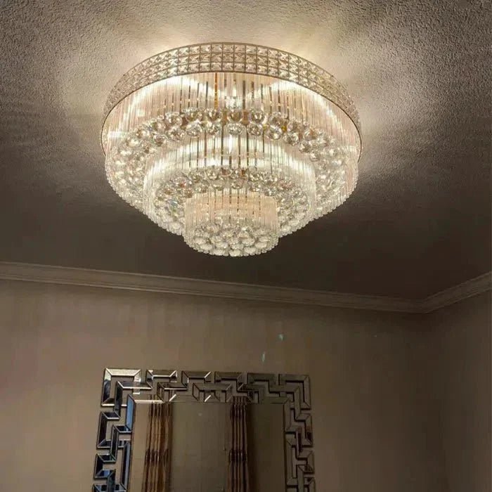 Extra Large Three Layers Round Luxury Flush Mounted Crystal Chandelier for Living Room - Zelno Lighting