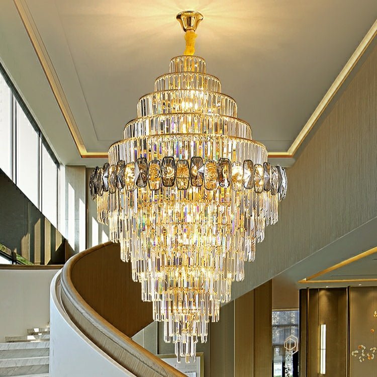 Fashion Large Staircase Chandelier For Foyer Living Room Entrance Crystal Ceiling Light Fixture In Gold Finish - Zelno Lighting