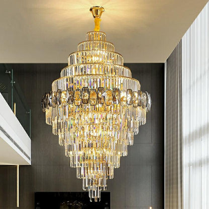 Fashion Large Staircase Chandelier For Foyer Living Room Entrance Crystal Ceiling Light Fixture In Gold Finish - Zelno Lighting