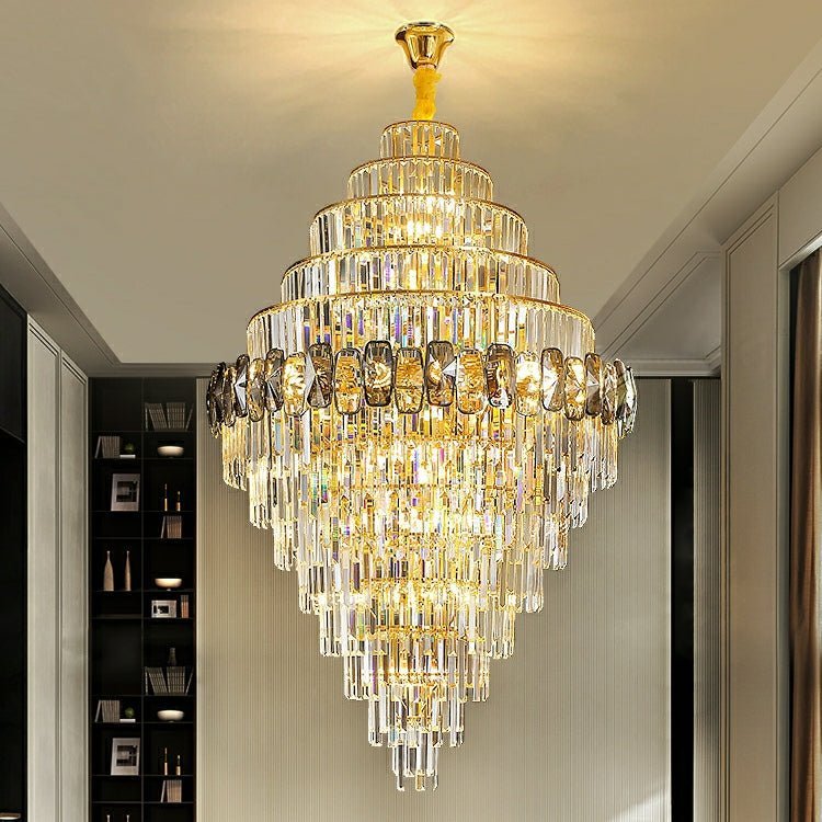 Fashion Large Staircase Chandelier For Foyer Living Room Entrance Crystal Ceiling Light Fixture In Gold Finish - Zelno Lighting