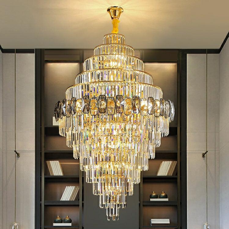 Fashion Large Staircase Chandelier For Foyer Living Room Entrance Crystal Ceiling Light Fixture In Gold Finish - Zelno Lighting