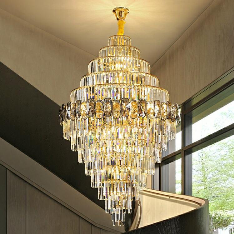 Fashion Large Staircase Chandelier For Foyer Living Room Entrance Crystal Ceiling Light Fixture In Gold Finish - Zelno Lighting