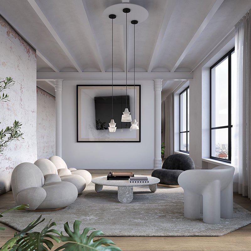 Flo Alabaster Pendant Light Beside Coffee Table - Zelno