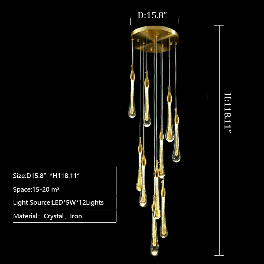 Foyer Glass Drops Pendant Chandelier Spiral Staircase High Ceiling Light Fixture In Gold Finish - Zelno Lighting
