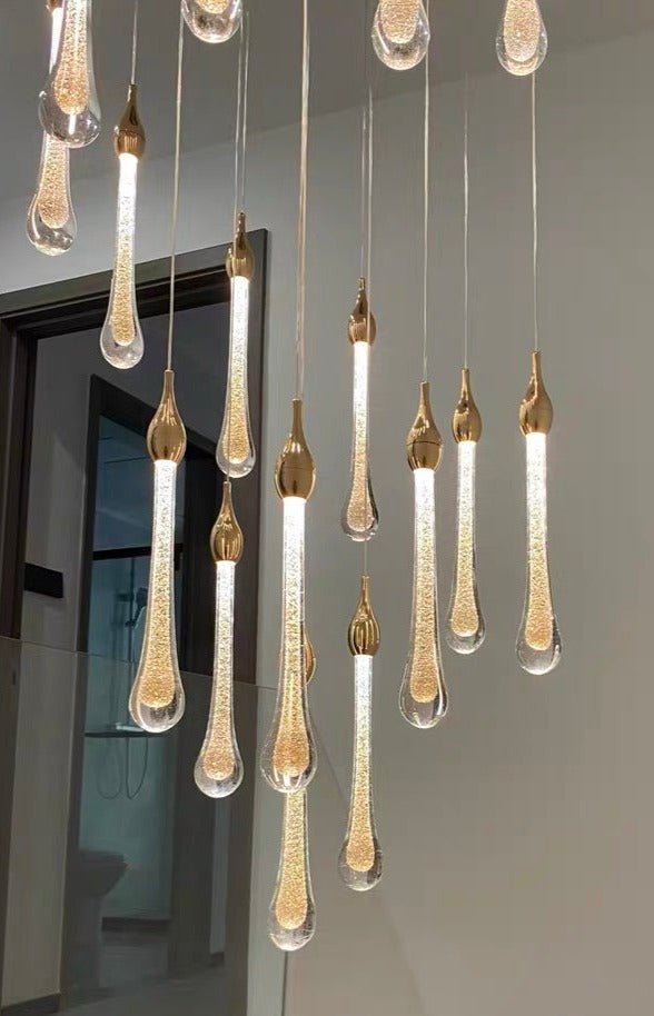 Foyer Glass Drops Pendant Chandelier Spiral Staircase High Ceiling Light Fixture In Gold Finish - Zelno Lighting
