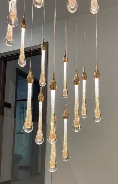 Foyer Glass Drops Pendant Chandelier Spiral Staircase High Ceiling Light Fixture In Gold Finish - Zelno Lighting