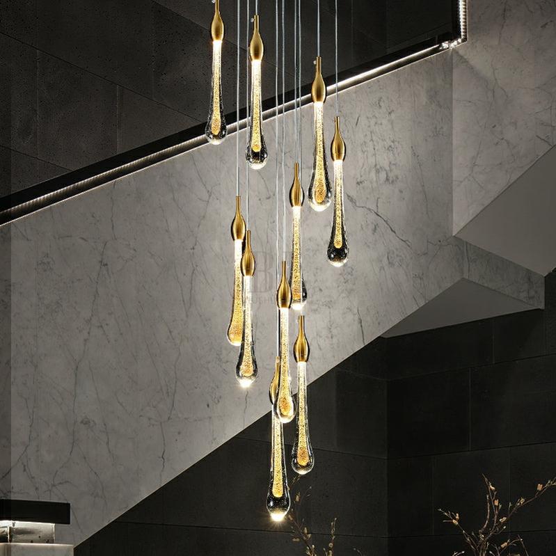 Foyer Glass Drops Pendant Chandelier Spiral Staircase High Ceiling Light Fixture In Gold Finish - Zelno Lighting