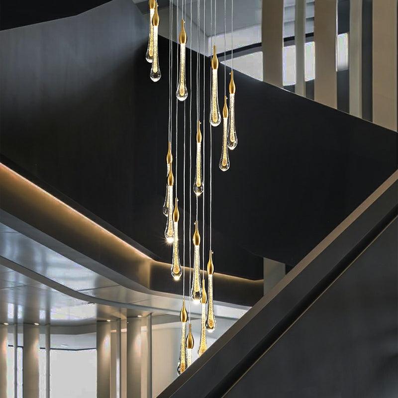 Foyer Glass Drops Pendant Chandelier Spiral Staircase High Ceiling Light Fixture In Gold Finish - Zelno Lighting