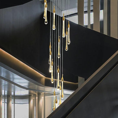 Foyer Glass Drops Pendant Chandelier Spiral Staircase High Ceiling Light Fixture In Gold Finish - Zelno Lighting
