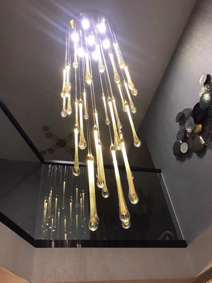 Foyer Glass Drops Pendant Chandelier Spiral Staircase High Ceiling Light Fixture In Gold Finish - Zelno Lighting