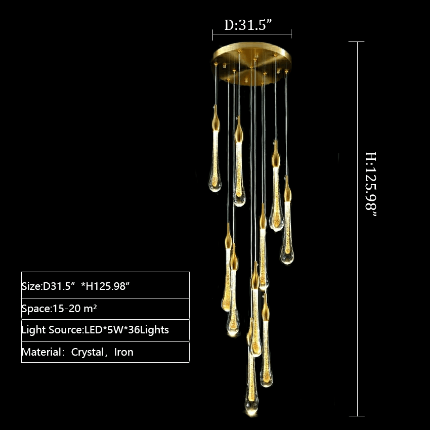 Foyer Glass Drops Pendant Chandelier Spiral Staircase High Ceiling Light Fixture In Gold Finish - Zelno Lighting