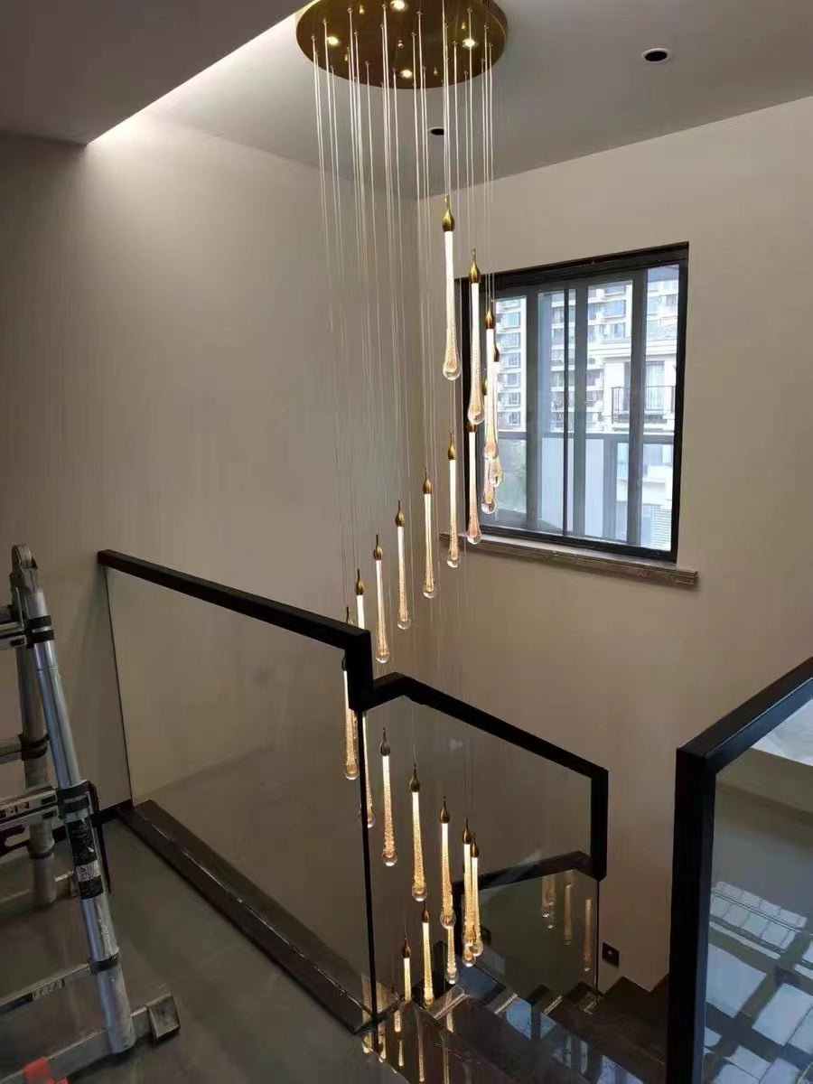 Foyer Glass Drops Pendant Chandelier Spiral Staircase High Ceiling Light Fixture In Gold Finish - Zelno Lighting