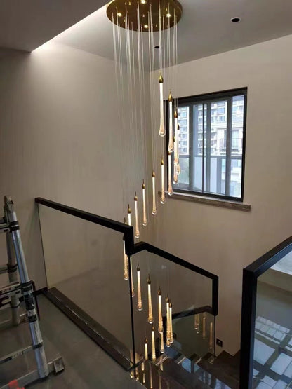 Foyer Glass Drops Pendant Chandelier Spiral Staircase High Ceiling Light Fixture In Gold Finish - Zelno Lighting