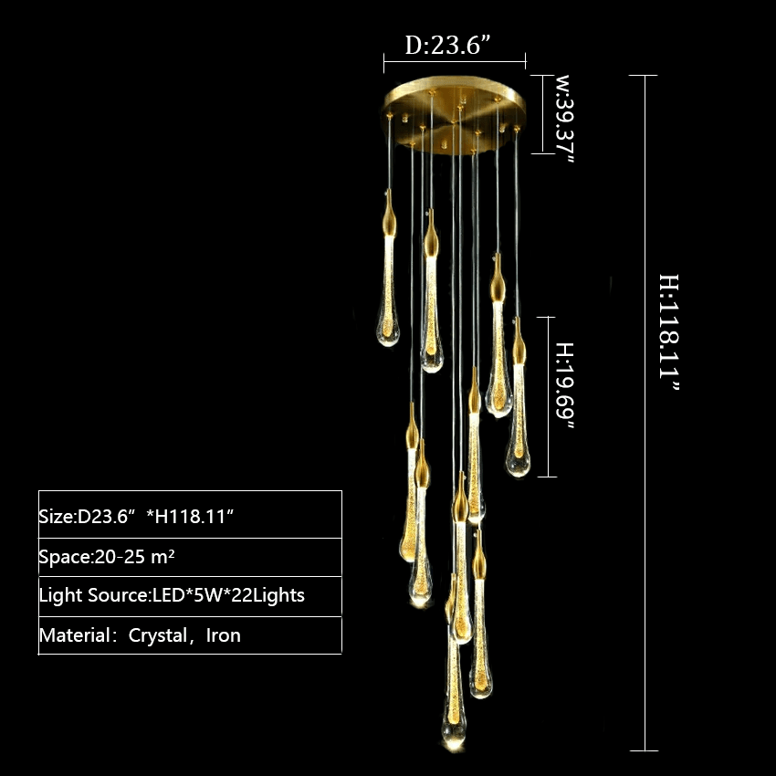 Foyer Glass Drops Pendant Chandelier Spiral Staircase High Ceiling Light Fixture In Gold Finish - Zelno Lighting