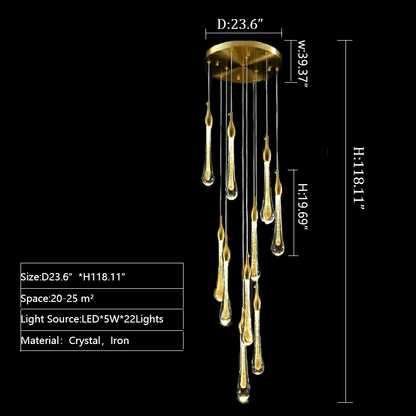 Foyer Glass Drops Pendant Chandelier Spiral Staircase High Ceiling Light Fixture In Gold Finish - Zelno Lighting