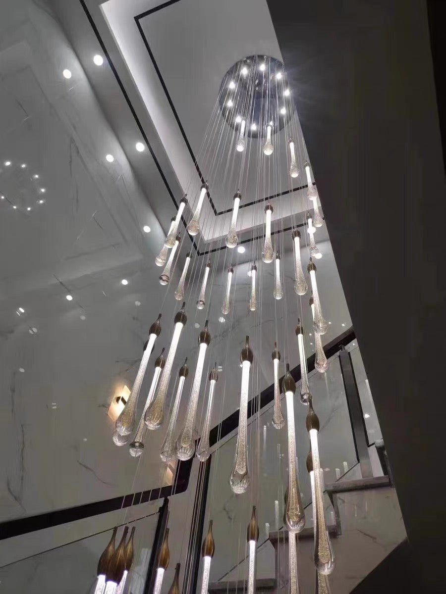 Foyer Glass Drops Pendant Chandelier Spiral Staircase High Ceiling Light Fixture In Gold Finish - Zelno Lighting