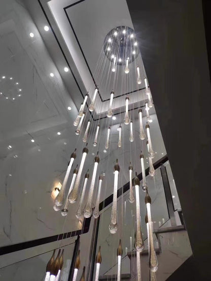 Foyer Glass Drops Pendant Chandelier Spiral Staircase High Ceiling Light Fixture In Gold Finish - Zelno Lighting
